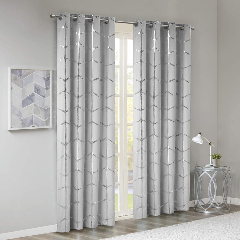 Intelligent Design Blackout Window Curtain, Light Blocking Curtains for Living Room, Thermal Insulated Window Panel with Metallic Print and Grommet Top, 50"x84", Grey/Silver, 1 Piece - Image 2